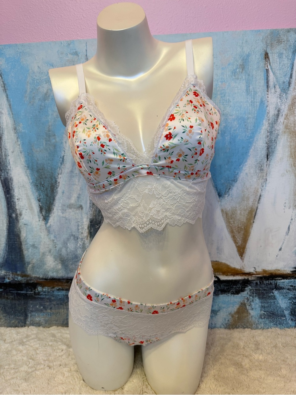 Adore Me White Floral Lace Bralette & Bikini Set - White with Red/Green Floral